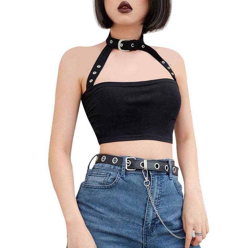 FlyCC Women Sexy Choker Buckle Halter Neck Crop Tube Top Rave Dance Cami Bandeau Tops Black B - Image 2